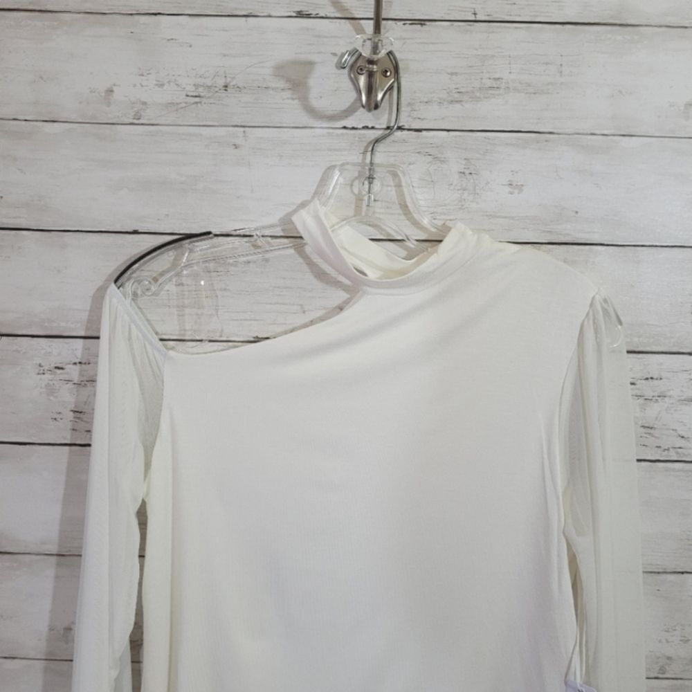 Women’s Small One Shoulder Fitted Top Sexy Sheer Chiffon Sleeve Blouse NWT - Picture 7 of 14